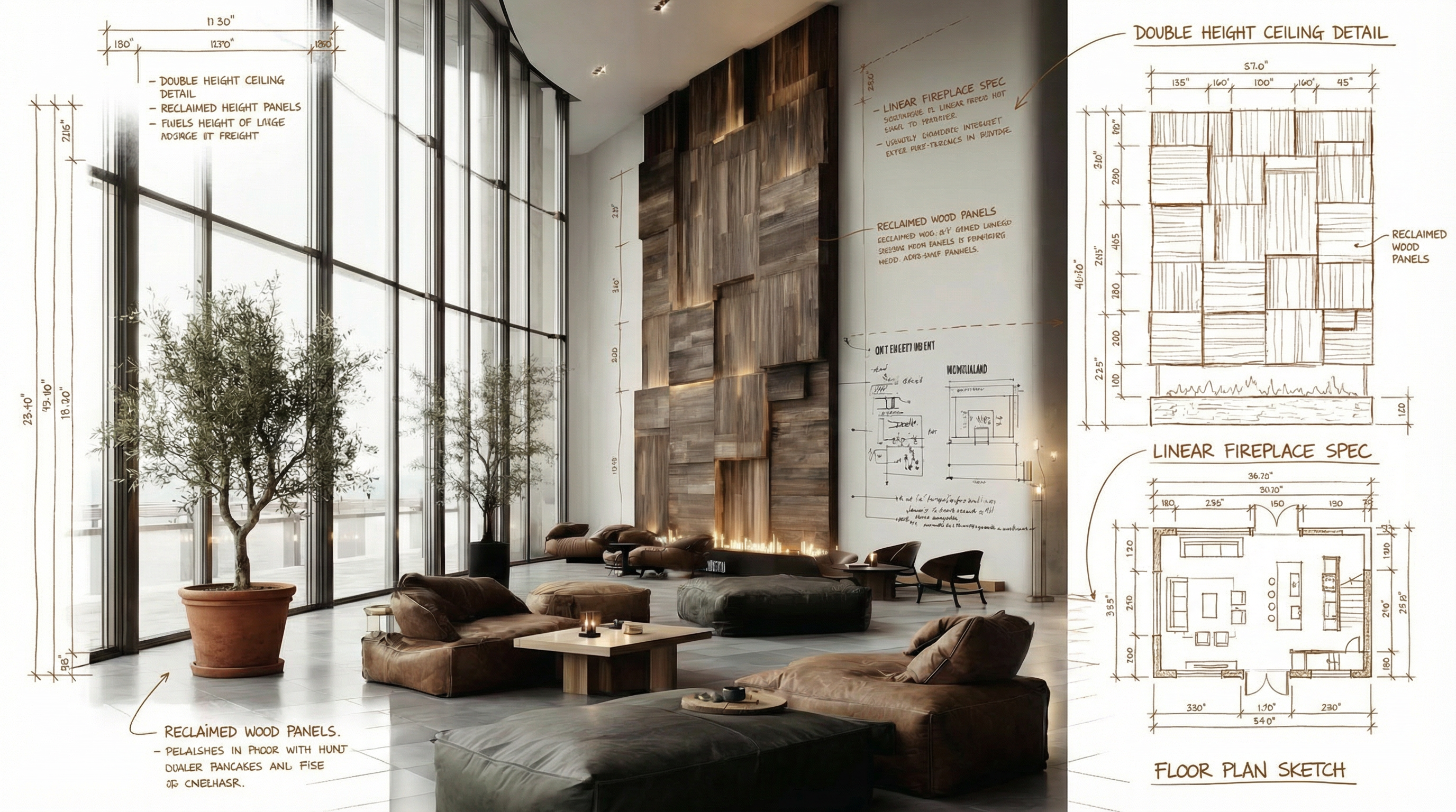 Longevity architecture interior with wellness annotations