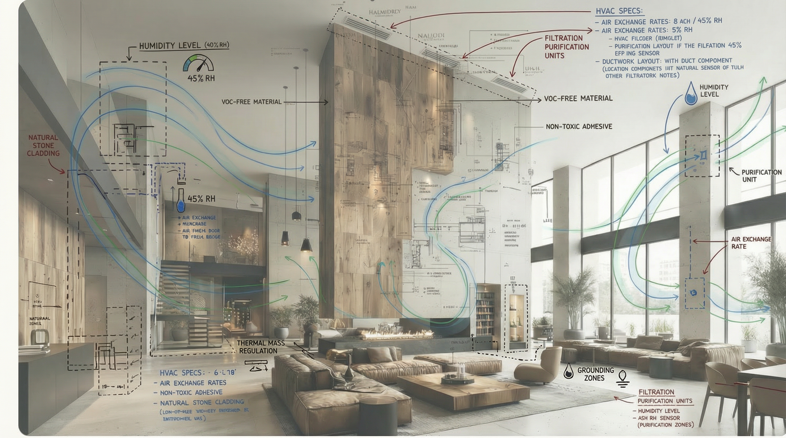 Longevity architecture living space with blueprint annotations